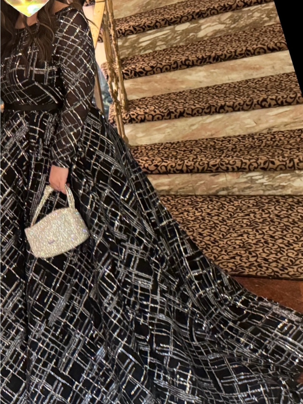Portia and Scarlett Black Gown with Silver Grid Sparkle